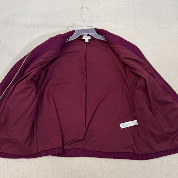 Chicos Burgundy Wool 3/4 Sleeve Full Zip Jacket Button Flap Accents Lined 2 - Picture 13 of 15